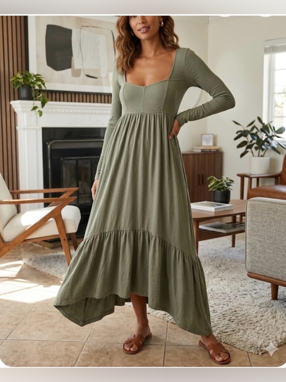 Anthropologie Olive Green Long Sleeve Tiered Maxi Dress - Picture 2 of 11